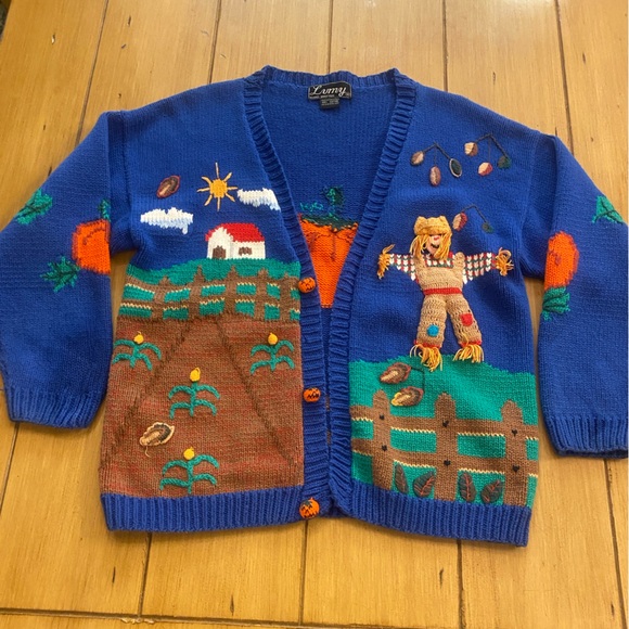 Vintage Novelty Autumn Thanksgiving Pumpkin Hand Knit Cardigan Sweater Lumy M-L - Picture 1 of 13